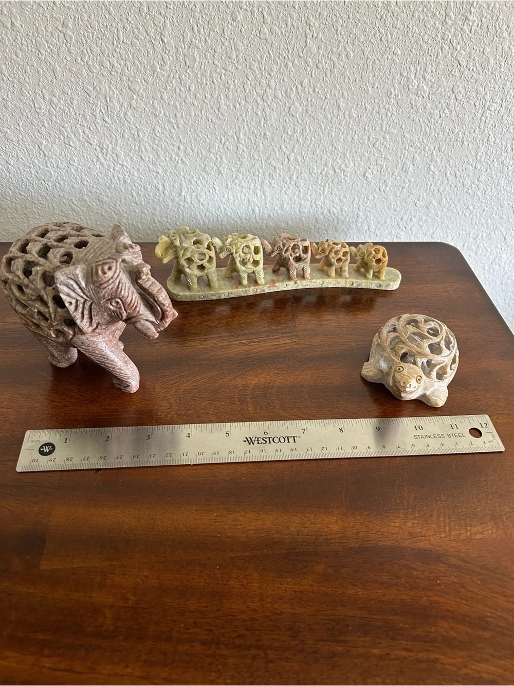 Handcrafted Carved Stone Elephant & Turtle Figurines - Neutral Tones